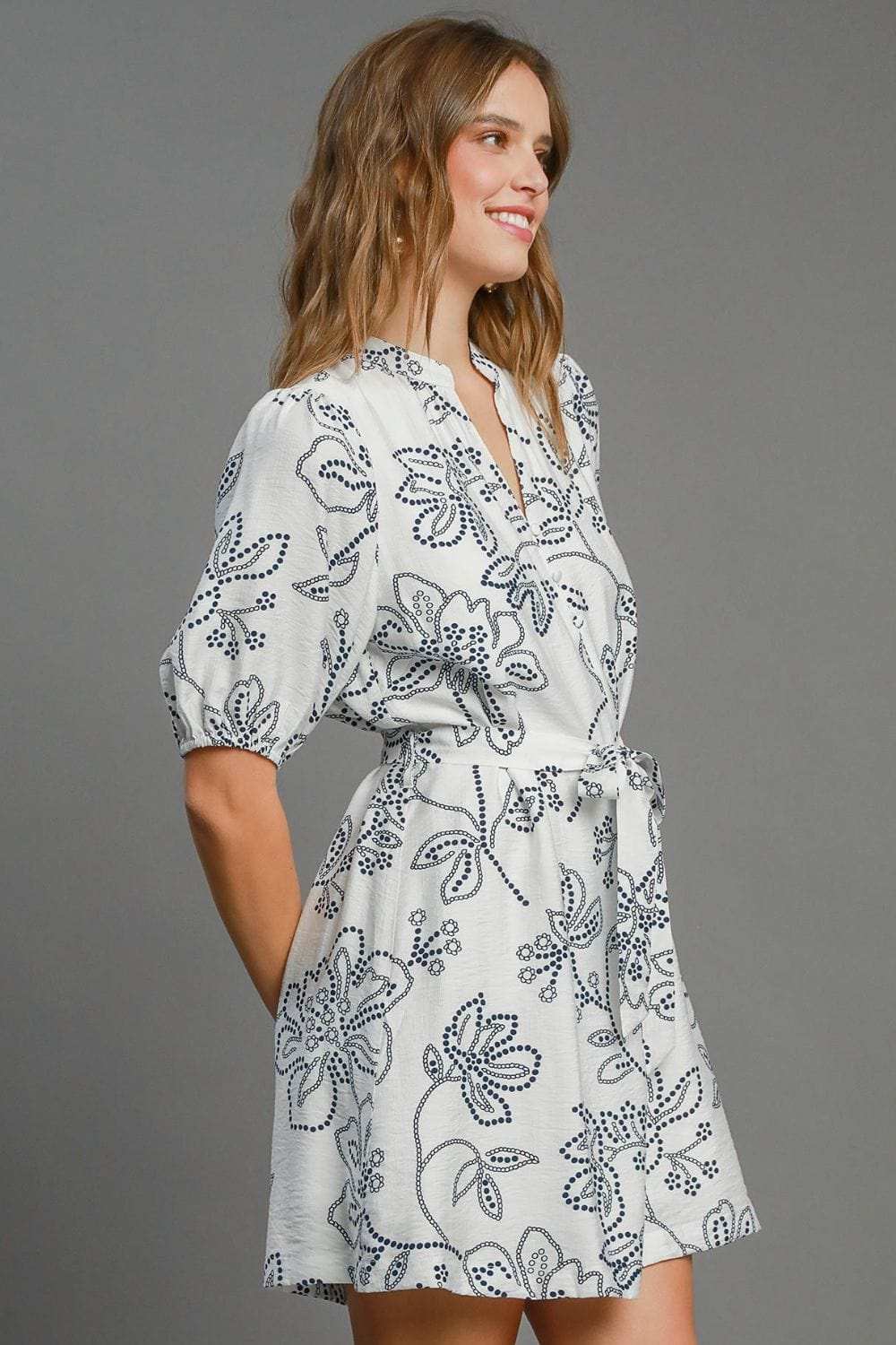 Umgee Full Size Floral Print Notched Puff Sleeve Mini Dress Plus Size - Trendsi - Flyclothing LLC