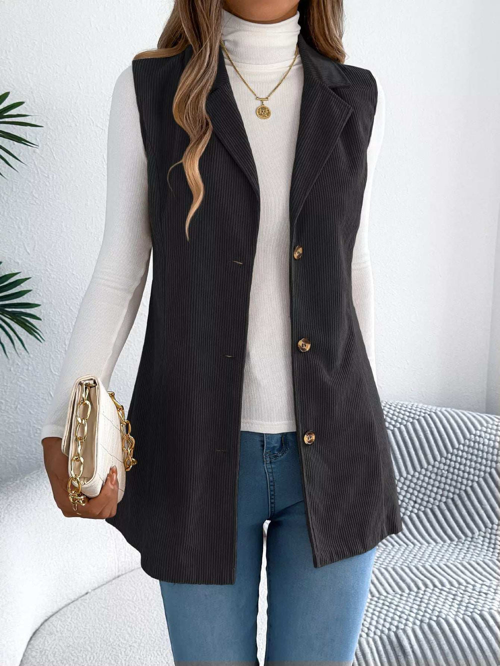 Button-Front Longline Vest Coat - Trendsi - Flyclothing LLC