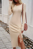 Drawstring Round Neck Long Sleeve Midi Dress - Trendsi - Flyclothing LLC