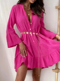 Button Detail Notched Long Sleeve Dress - Trendsi - Flyclothing LLC