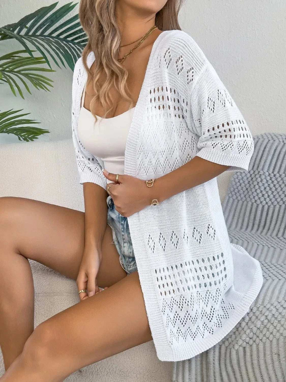Openwork Open Front Half Sleeve Cardigan - Trendsi - Flyclothing LLC