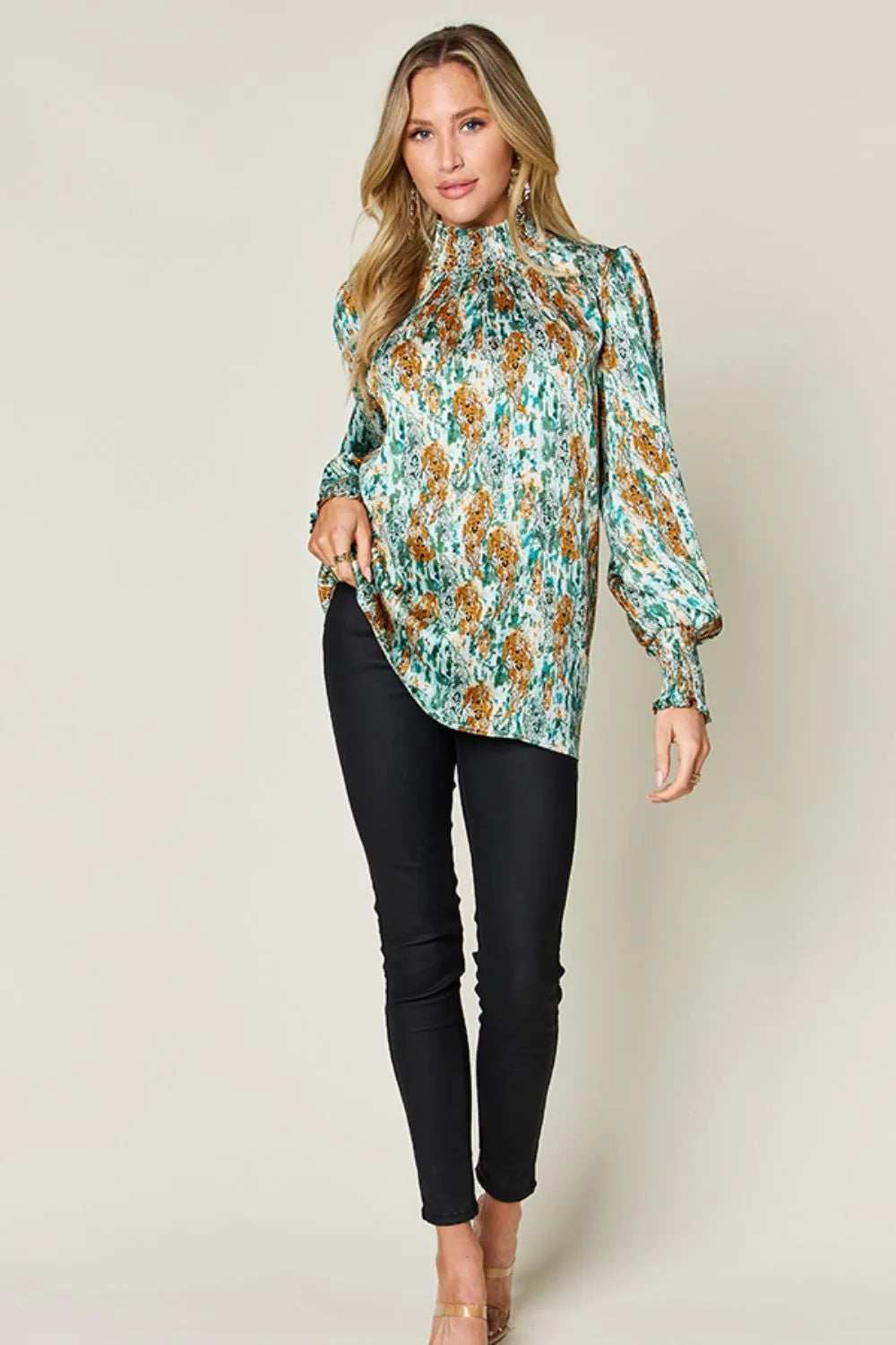 Double Take Full Size Printed Smocked Long Sleeve Blouse - Trendsi - Flyclothing LLC