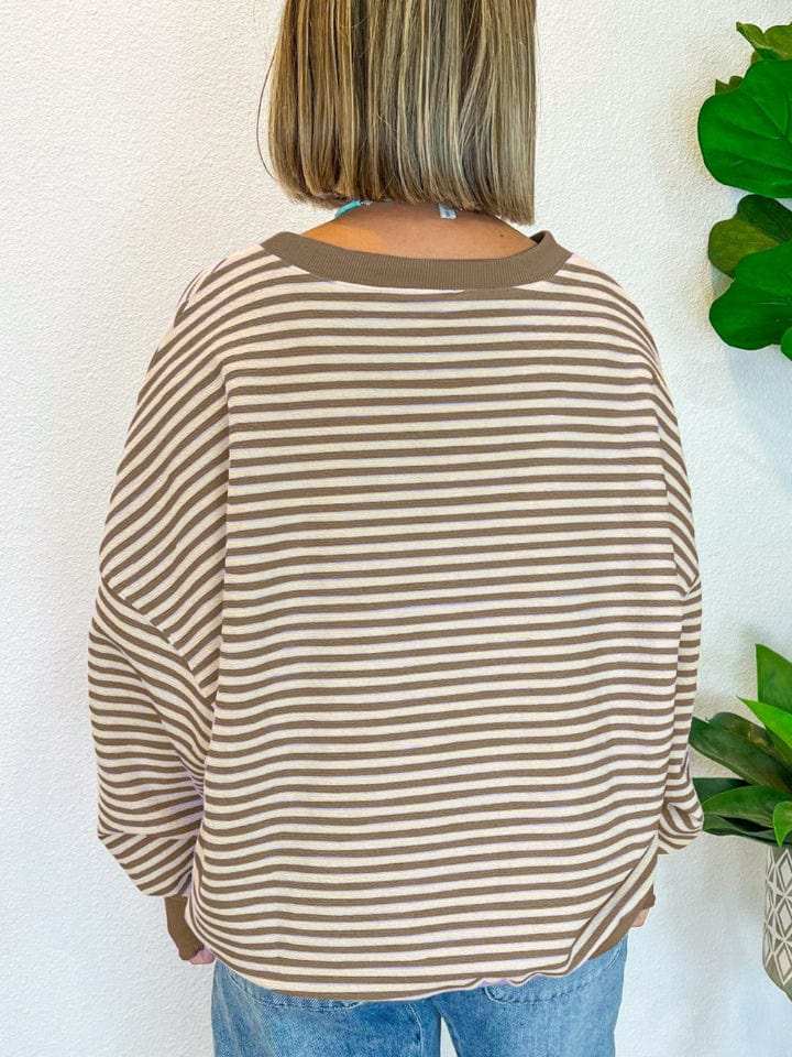 Striped Round Neck Long Sleeve Sweatshirt - Trendsi - Flyclothing LLC