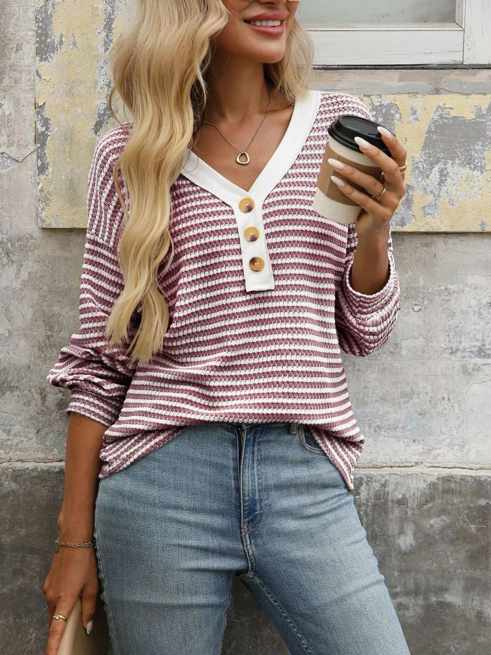 Striped V-Neck Button Front Casual Top - Trendsi - Flyclothing LLC