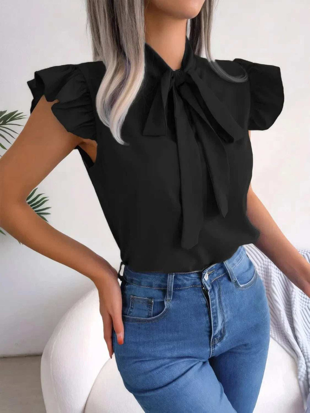 Ruffled Tie Neck Cap Sleeve Blouse - Trendsi - Flyclothing LLC