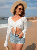 Drawstring Openwork Long Sleeve Cover-Up - Trendsi - Flyclothing LLC