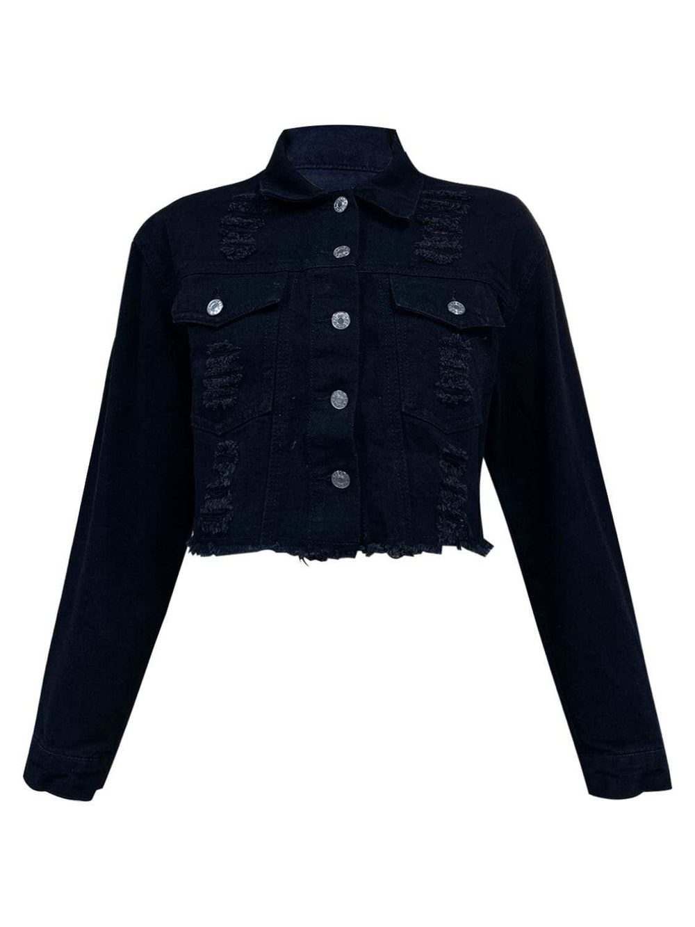 Distressed Collared Neck Long Sleeve Denim Top - Trendsi - Flyclothing LLC
