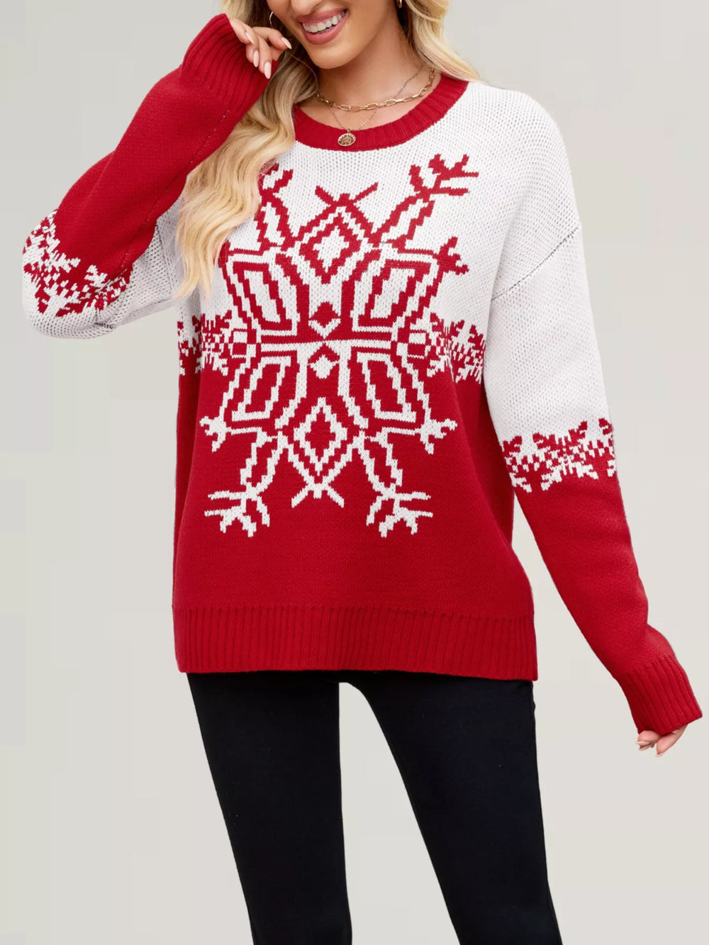 Christmas Snowflake Round Neck Sweater - Trendsi - Flyclothing LLC