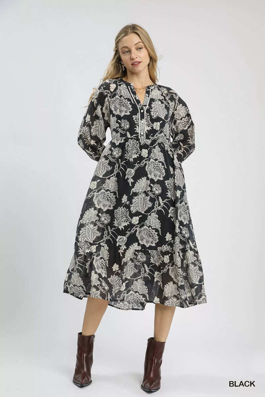 Umgee Floral Print Boho Midi Dress - Trendsi - Flyclothing LLC