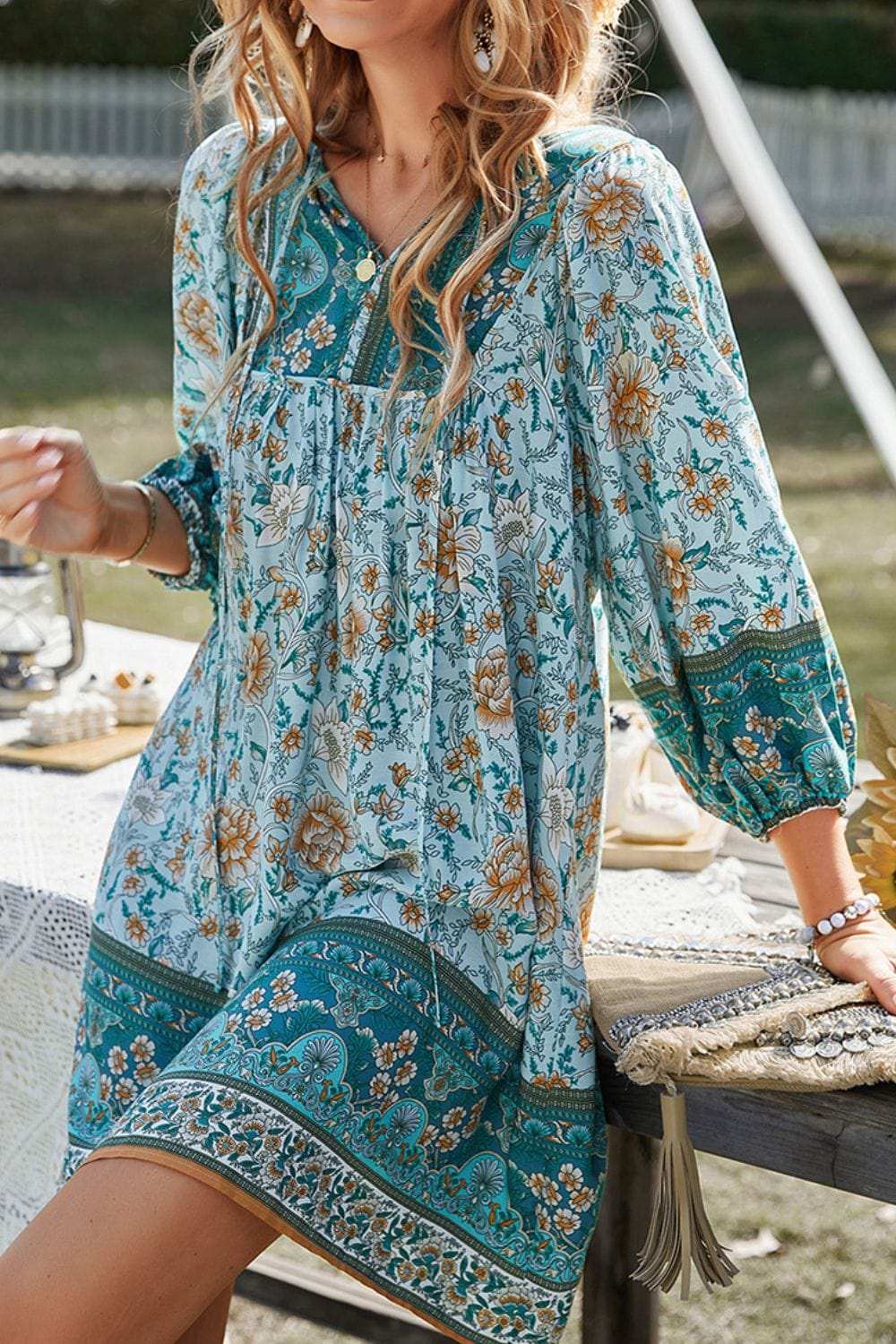 Devine Printed Tie Neck Mini Dress - Trendsi - Flyclothing LLC