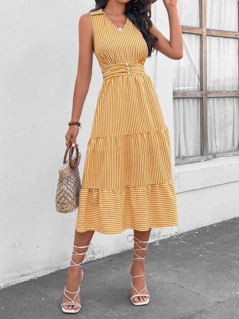 Striped Johnny Collar Sleeveless Midi Dress - Trendsi - Flyclothing LLC