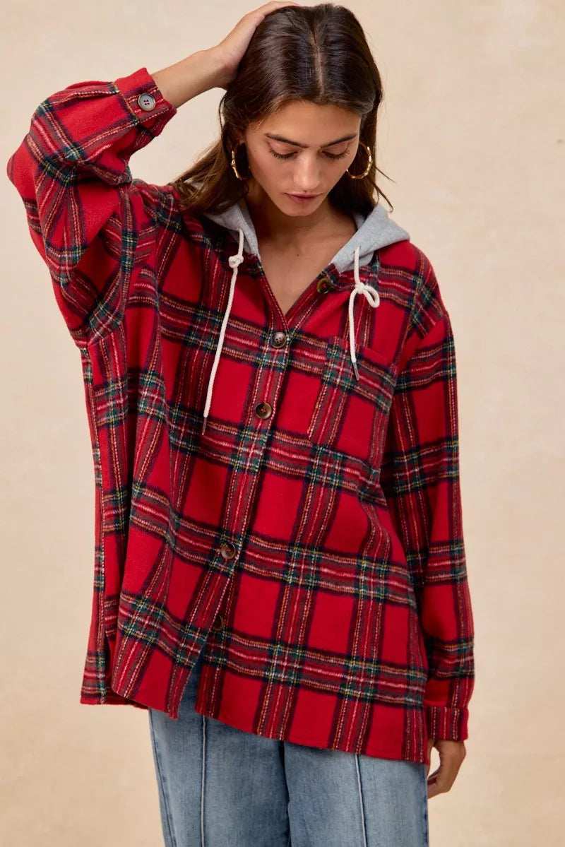 BiBi Brushed Plaid Hooded Jacket - Trendsi - Flyclothing LLC