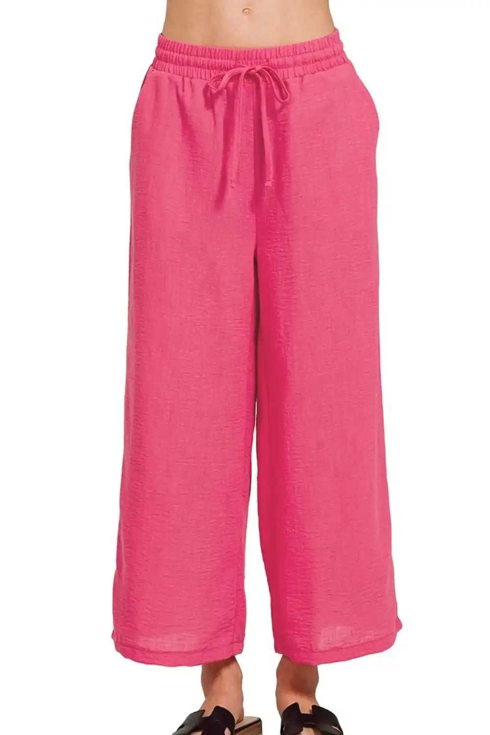 Zenana Woven Crepe Elastic Band Waist Cropped Pants - Trendsi - Flyclothing LLC
