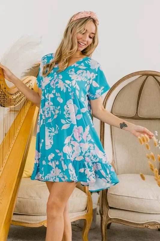 BiBi Floral Crinkle Shirred Ruffle Detail V Neck Dress - Trendsi - Flyclothing LLC