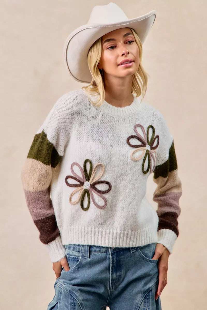 BiBi Flower Color Block Sweater - Trendsi - Flyclothing LLC