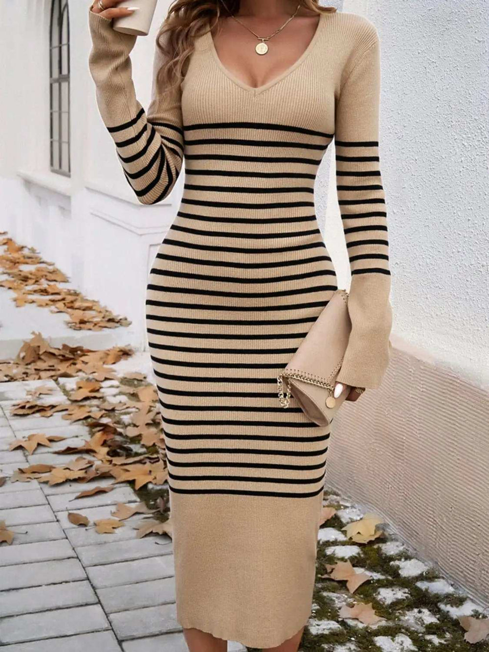 Striped V-Neck Long Sleeve Sweater Dress - Trendsi - Flyclothing LLC