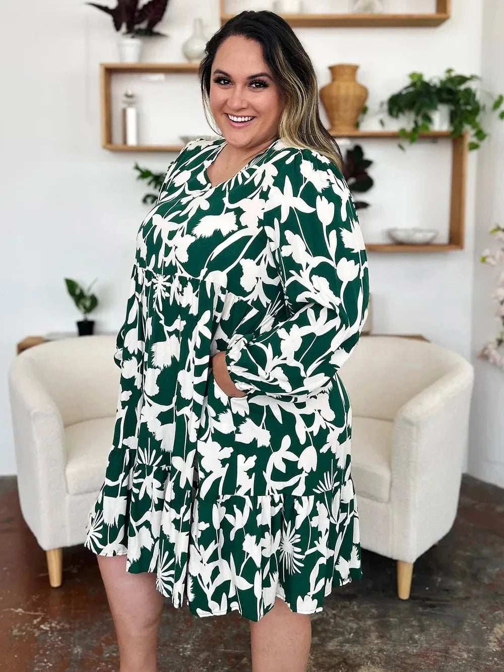 Double Take Full Size Printed Ruffle Hem Dress with Pocket - Trendsi - Flyclothing LLC