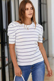 Striped Round Neck Puff Sleeve Knit Top - Trendsi - Flyclothing LLC