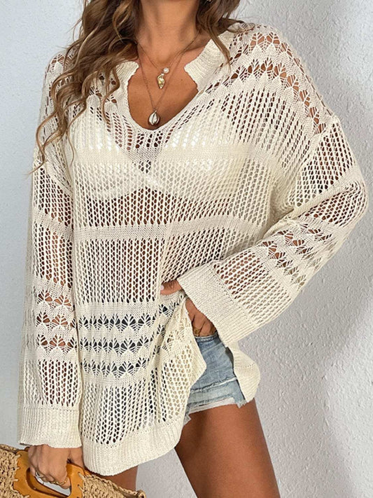 Cutout Notched Long Sleeve Cover-Up - Trendsi - Flyclothing LLC