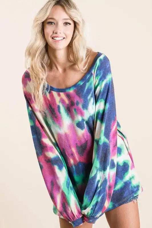 BiBi Tie Dye Print Terry Top with Puff Sleeves - Trendsi - Flyclothing LLC