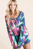 BiBi Tie Dye Print Terry Top with Puff Sleeves - Trendsi - Flyclothing LLC