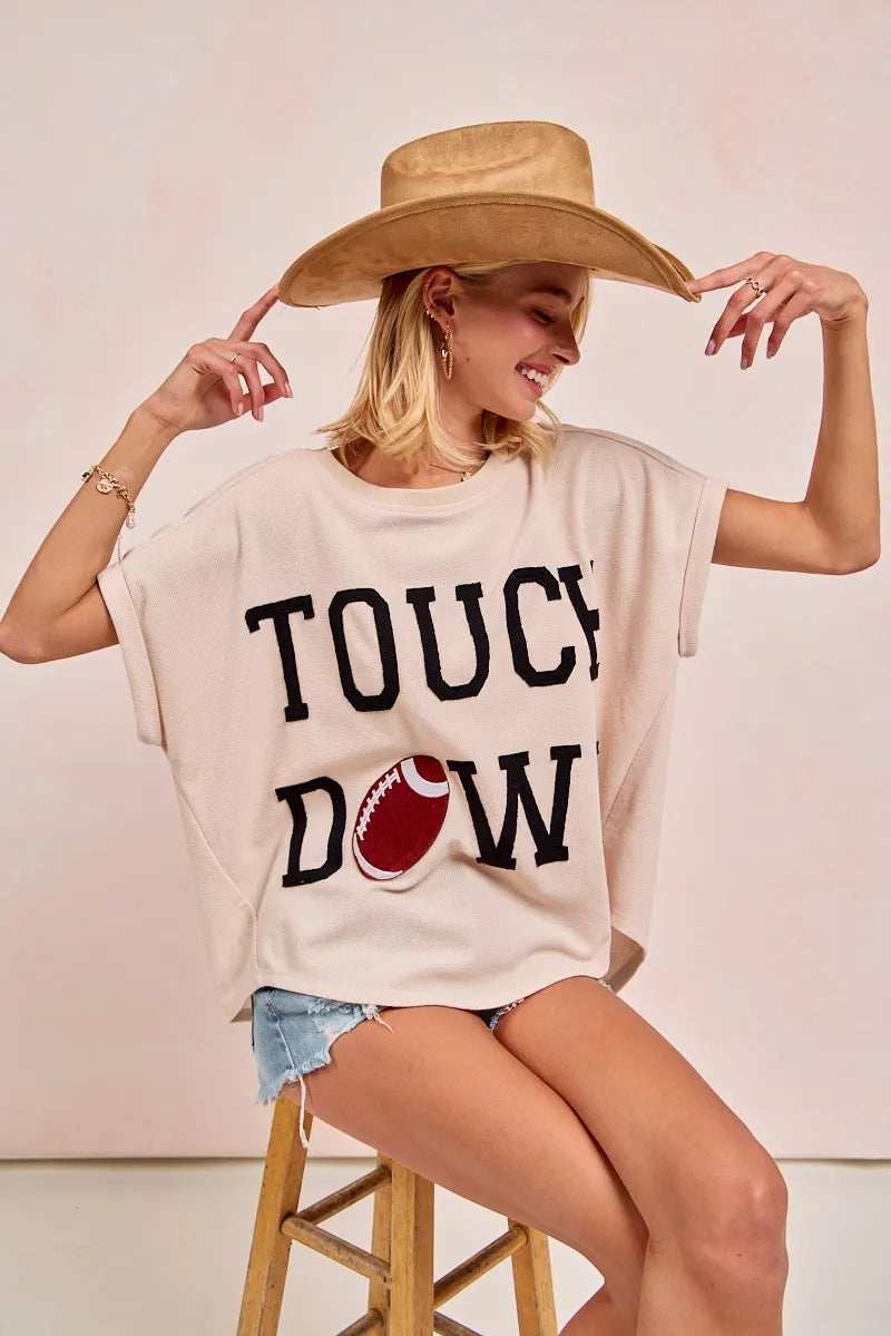 BiBi Game Day Touchdown Letter Patches Waffle Short Top - Trendsi - Flyclothing LLC