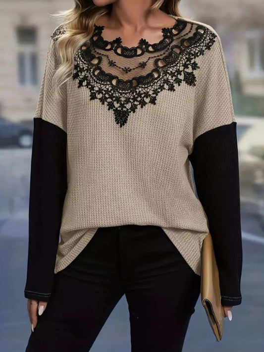 Lace Detail Color Block Long Sleeve T-Shirt - Trendsi - Flyclothing LLC