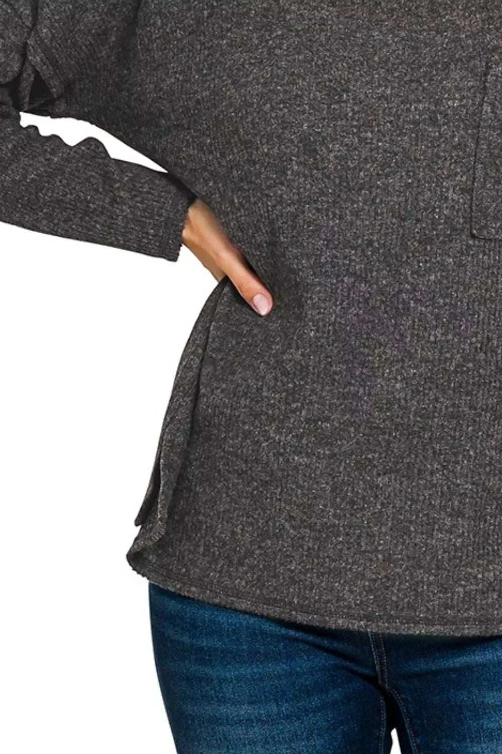 Zenana Ribbed Brushed Melange Hacci Sweater with Chest Pocket - Trendsi - Flyclothing LLC