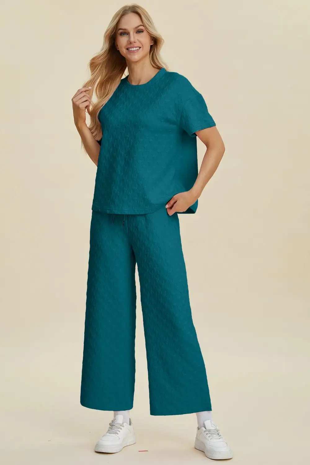 Double Take Full Size Texture Round Neck Short Sleeve Top and Pants Set - Trendsi - Flyclothing LLC
