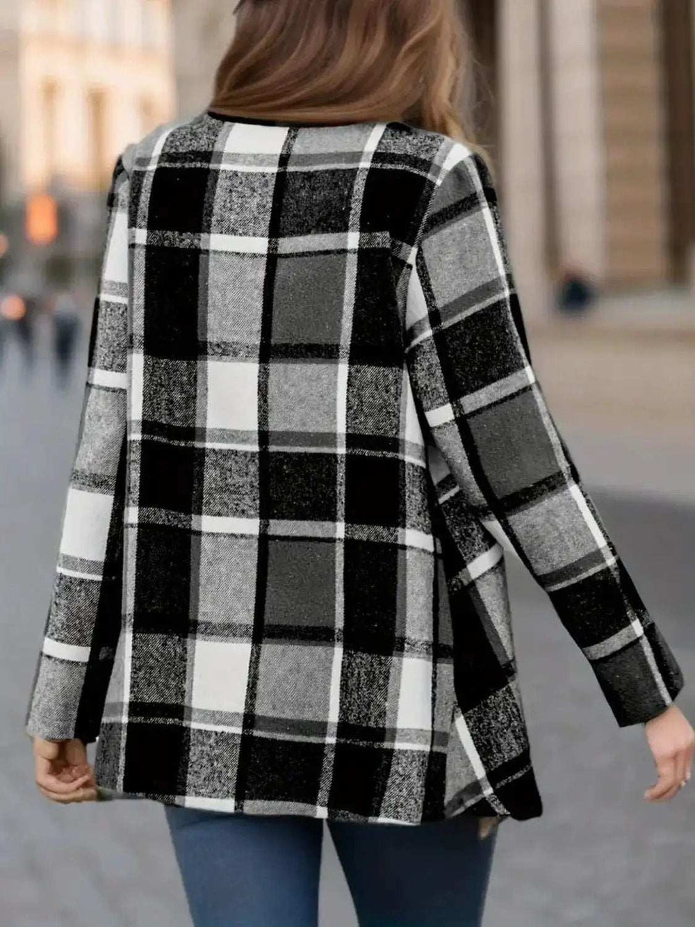 Plaid Open Front Long Sleeve Jacket - Trendsi - Flyclothing LLC