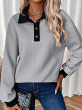 Texture Quarter Button Long Sleeve Sweatshirt - Trendsi - Flyclothing LLC