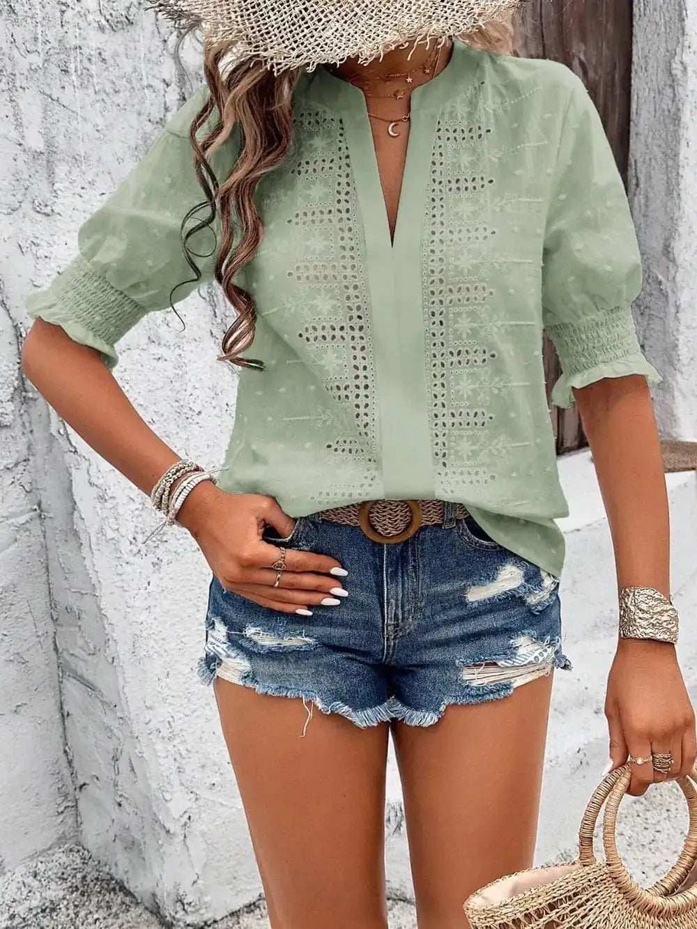 Eyelet Notched Flounce Sleeve Blouse - Trendsi - Flyclothing LLC