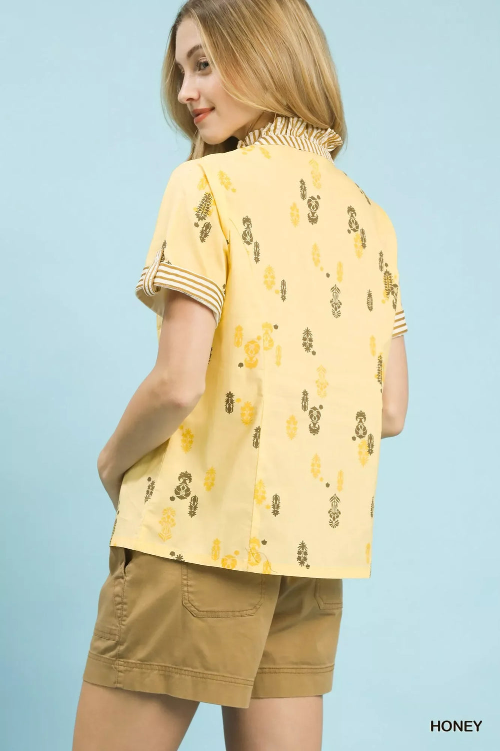 Umgee Printed Ruffle Trim Button Front Blouse - Trendsi - Flyclothing LLC