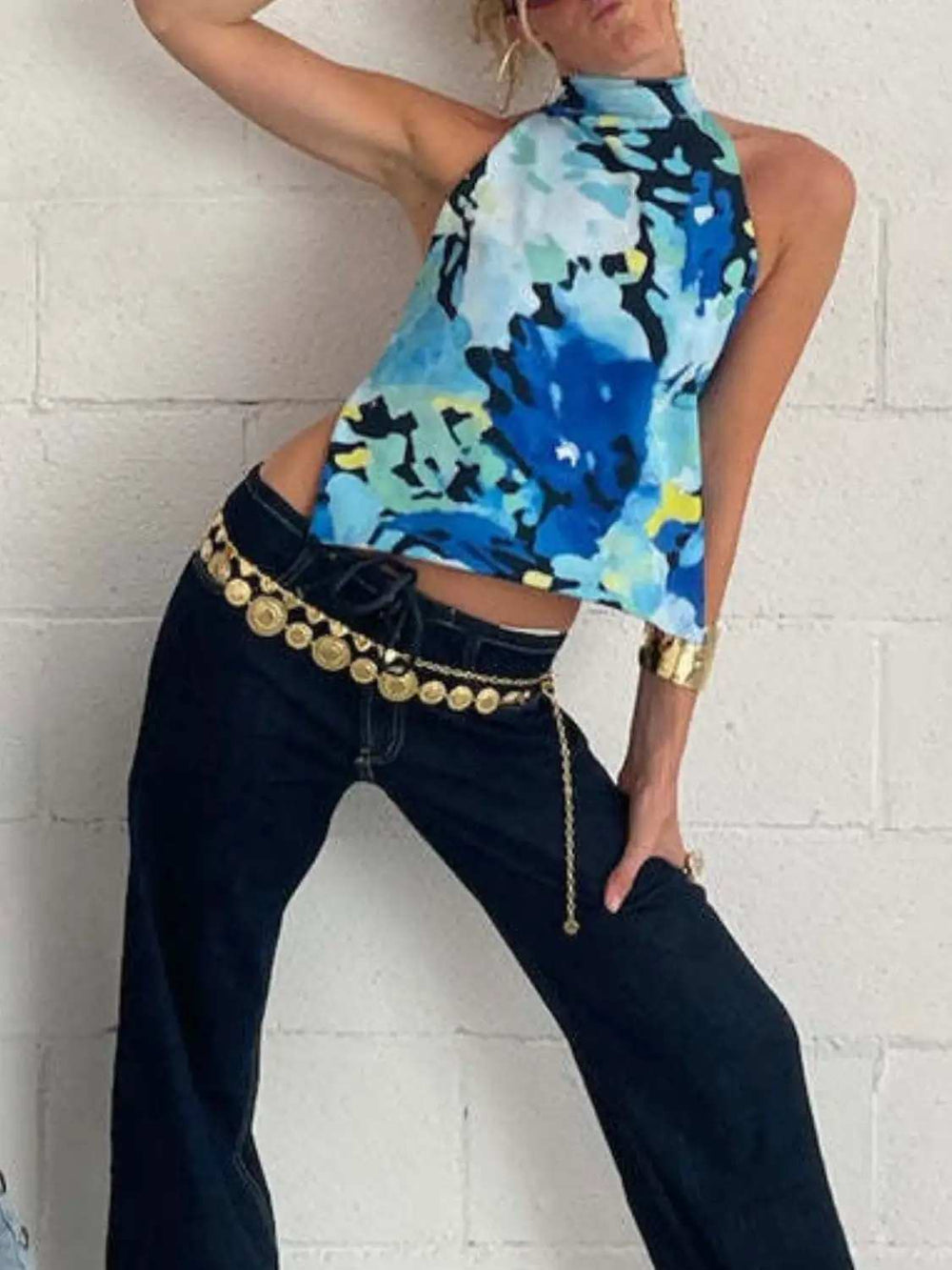 Backless Printed Halter Neck Tank - Trendsi - Flyclothing LLC