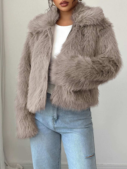 Fuzzy Zip Up Cropped Outerwear - Trendsi - Flyclothing LLC