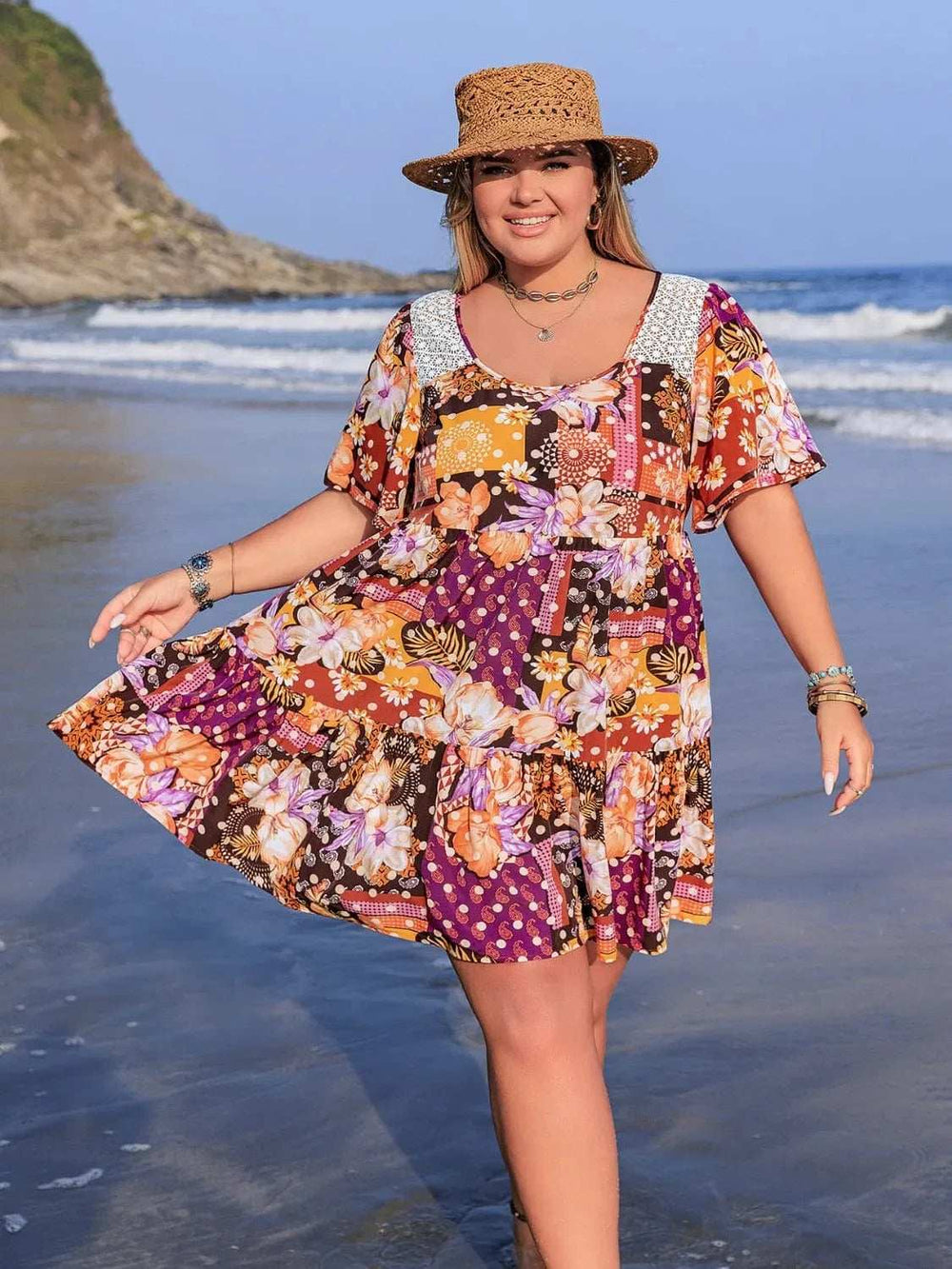 Plus Size Printed Round Neck Short Sleeve Dress - Trendsi - Flyclothing LLC
