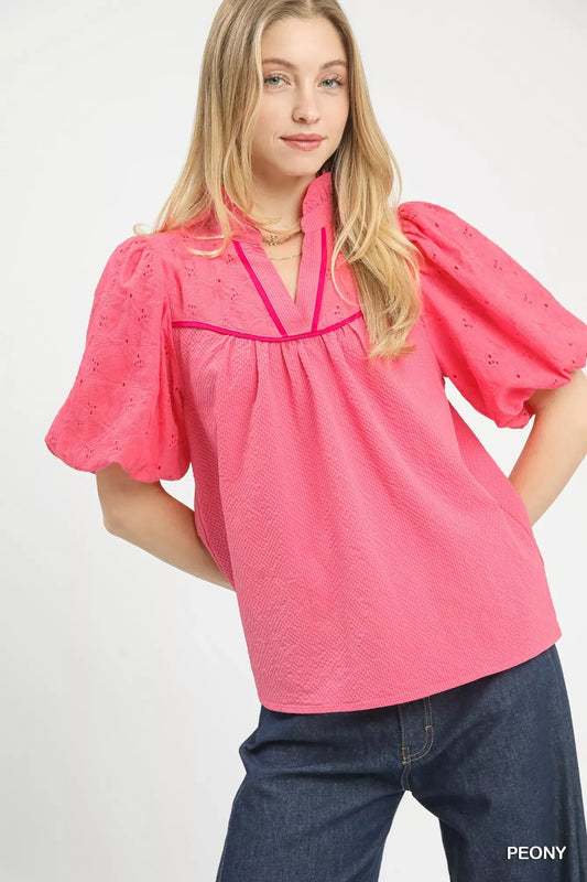 Umgee Puff Sleeve Eyelet Mix Top with Contrast Piping - Trendsi - Flyclothing LLC
