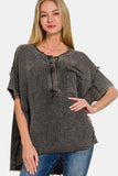 Zenana Washed Texture Half Button T-Shirt - Trendsi - Flyclothing LLC