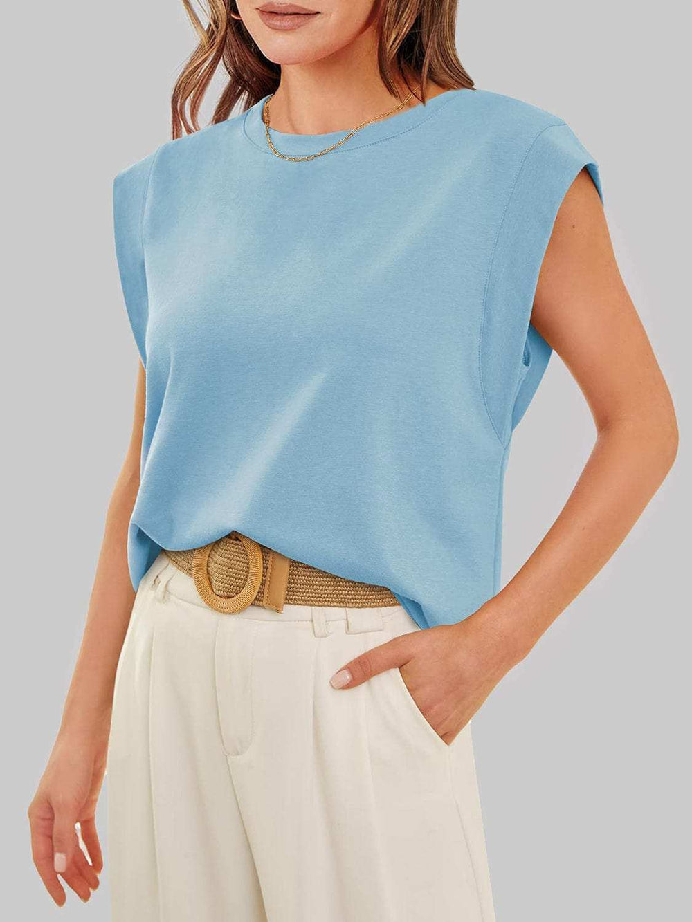 Florira Round Neck Cap Sleeve T-Shirt - Trendsi - Flyclothing LLC