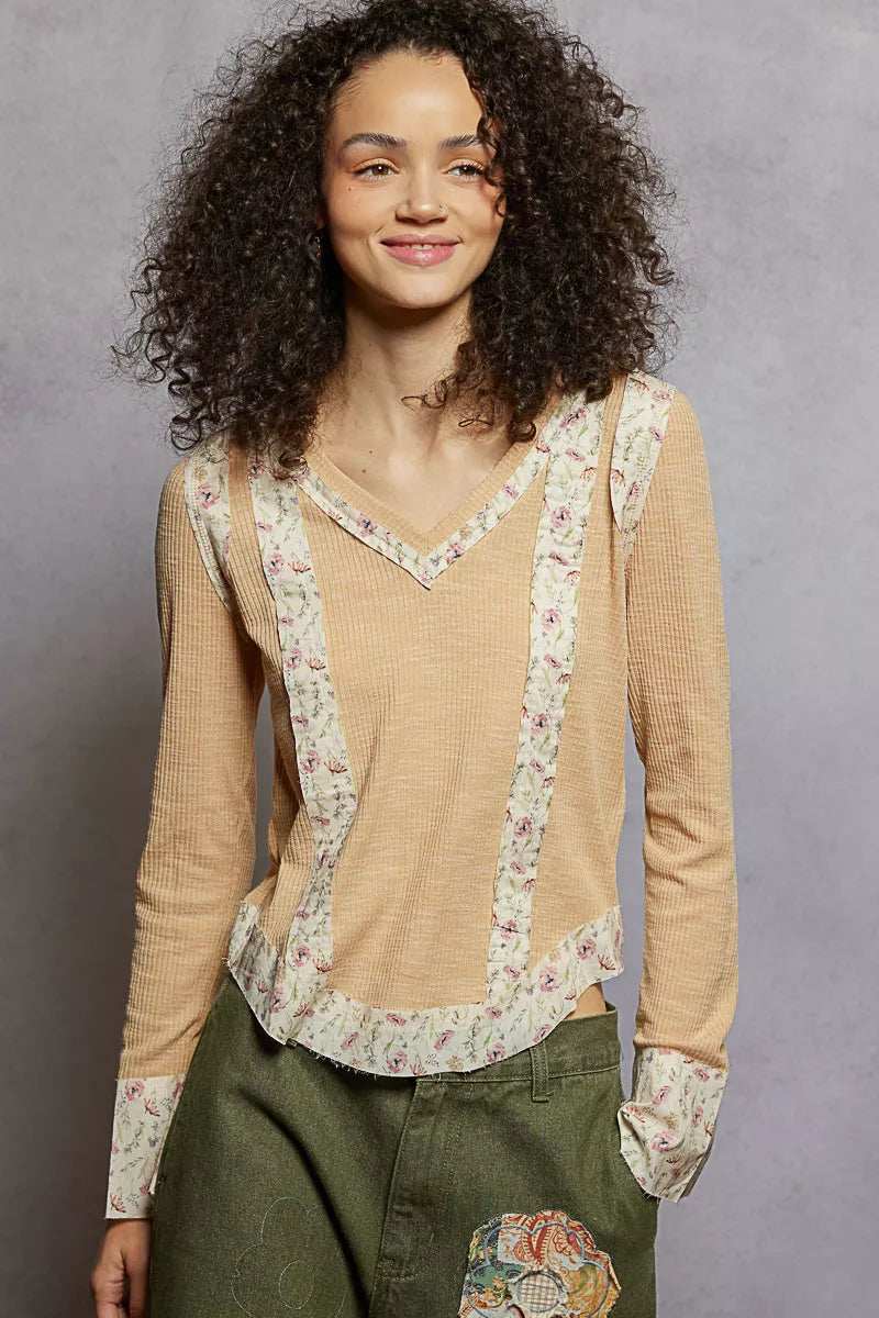 POL Floral Patch V-Neck Long Sleeve Ribbed Top - Trendsi - Flyclothing LLC