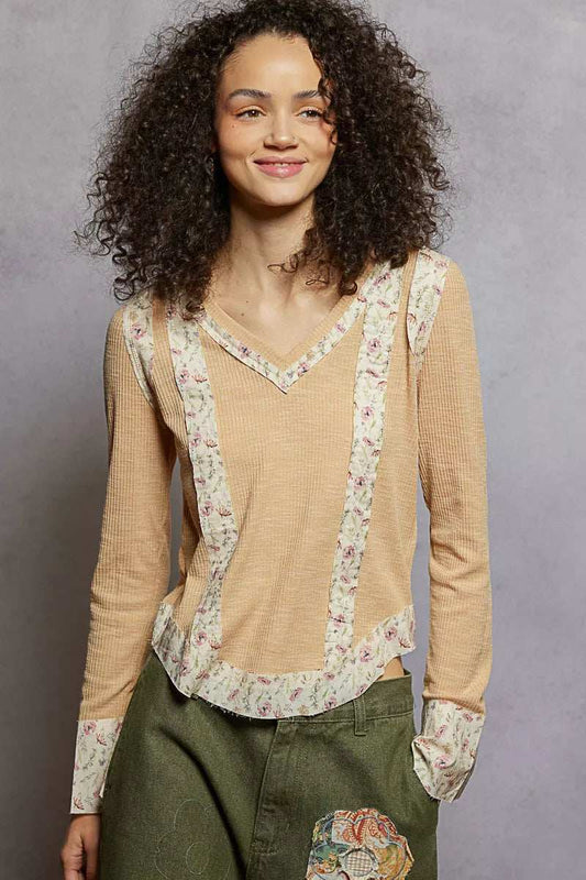 POL Floral Patch V-Neck Long Sleeve Ribbed Top - Trendsi - Flyclothing LLC