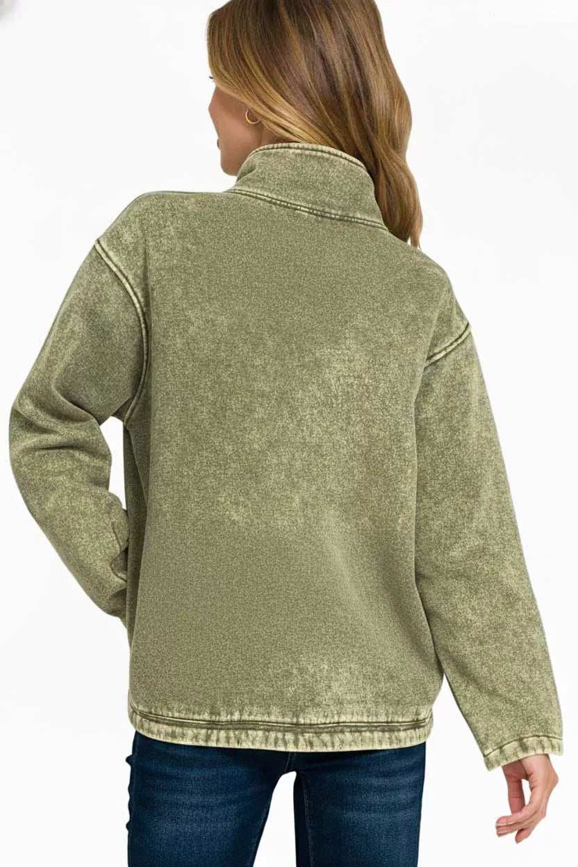 Zenana Fleece Washed High Neck Kangaroo Pocket Sweatshirt - Trendsi - Flyclothing LLC