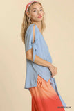 Umgee Cold Shoulder Short Sleeve Round Neck Top with Side Slits and Tie-able Knot Details - Trendsi - Flyclothing LLC