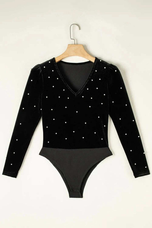 Pearl Detail V-Neck Long Sleeve Bodysuit - Trendsi - Flyclothing LLC