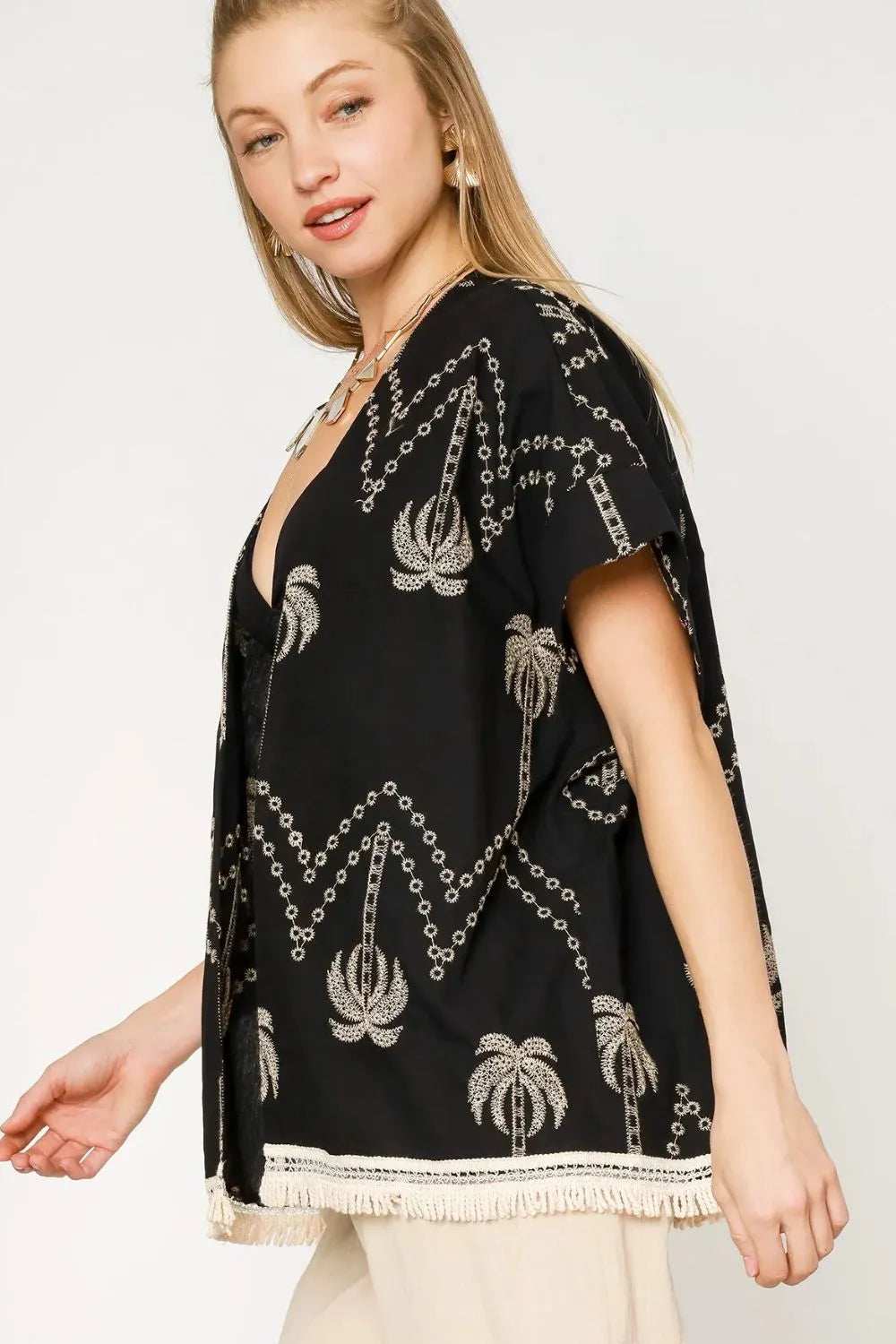 Umgee Open Front Embroidered Fringe Kimono - Trendsi - Flyclothing LLC