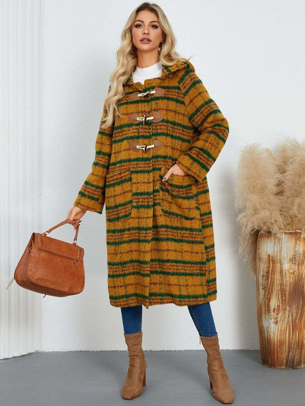 Plaid Long Sleeve Hooded Coat with Pockets - Trendsi - Flyclothing LLC
