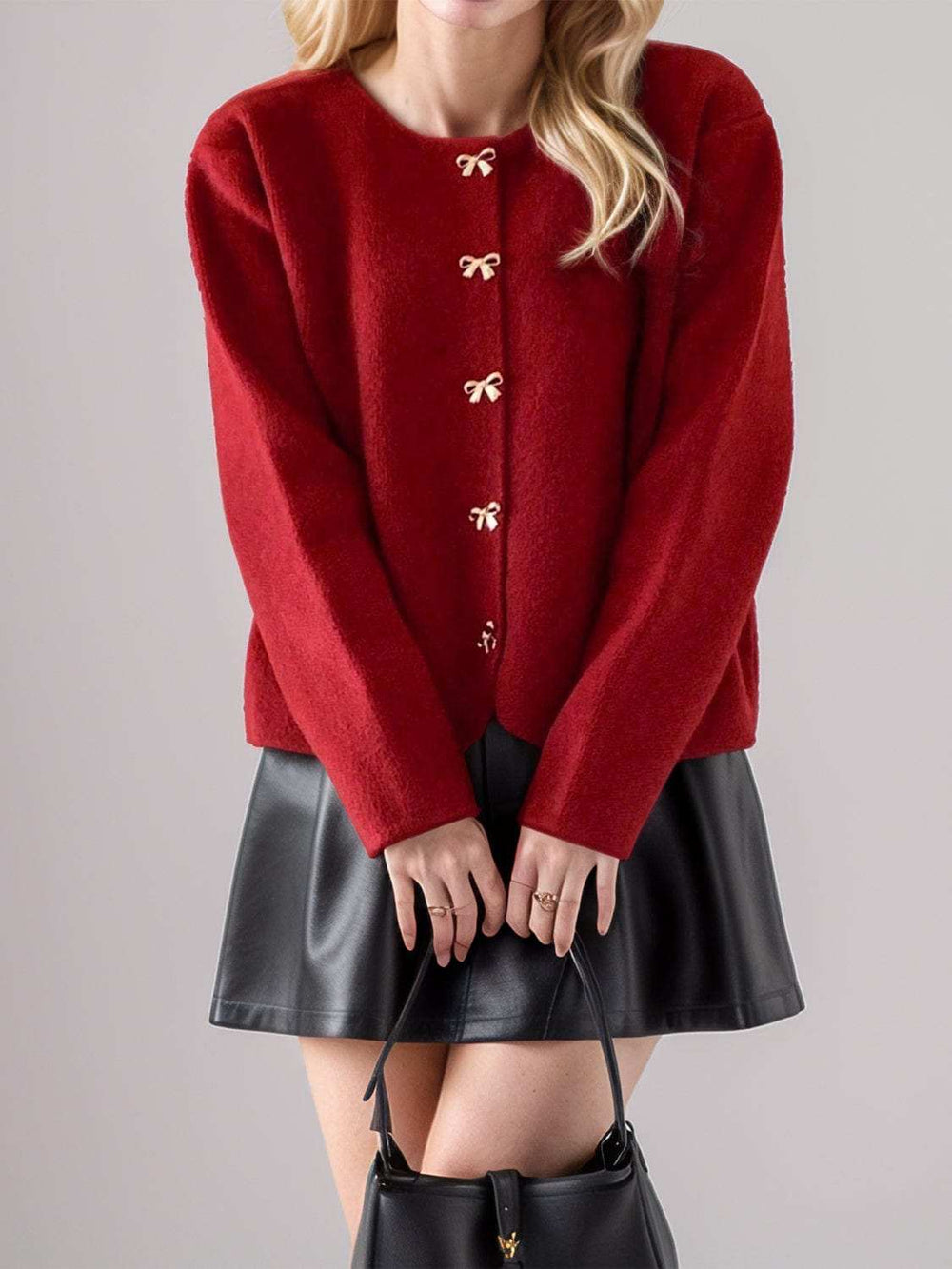 Bow Button Down Round Neck Long Sleeve Cardigan - Trendsi - Flyclothing LLC