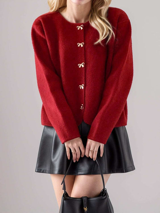 Bow Button Down Round Neck Long Sleeve Cardigan - Trendsi - Flyclothing LLC