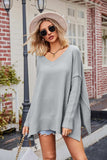 Slit V-Neck Dropped Shoulder Sweater - Trendsi - Flyclothing LLC