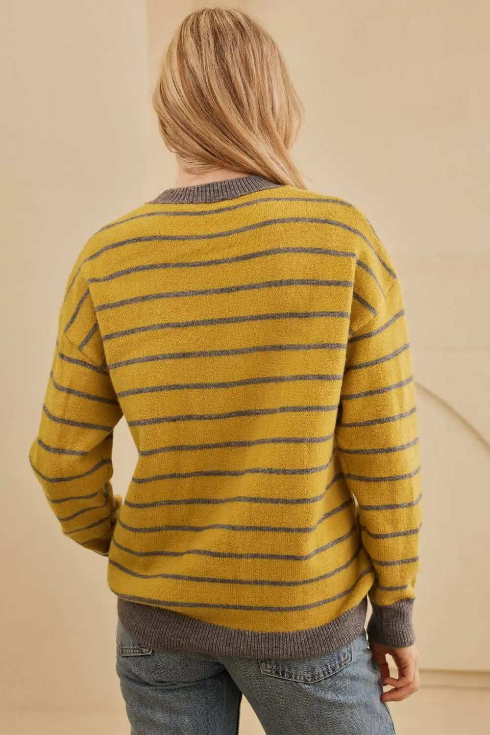 Flower Stripe Round Neck Long Sleeve Sweater - Trendsi - Flyclothing LLC